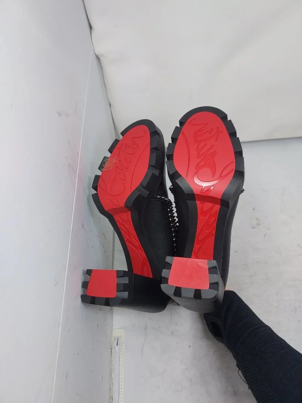 Christian Louboutin Black Out Line Stud Spike Lug Heel Leather Boot
